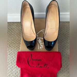Christian Louboutin Dark Navy Blue (looks like black) high open toe heels/ shoes